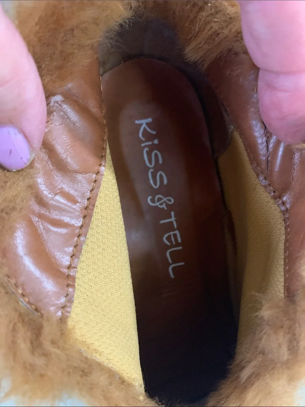 Faux Fur Trim Wedge Booties in Cognac Tan with Buckle Detail